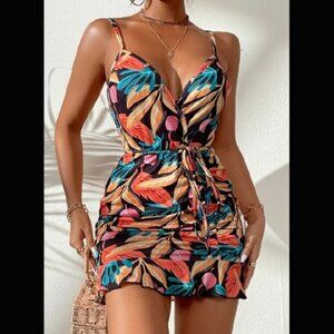 Tropical Leaf Print Ruched Mini Dress - Tie-Waist Strappy Sundress